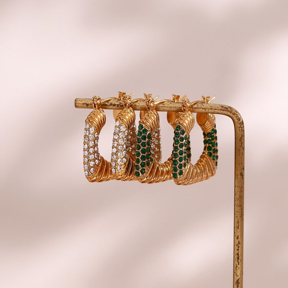 Zircon Chunky Square 18K Gold Plated Hoop Earrings Stainless Steel - Picture 10 of 13